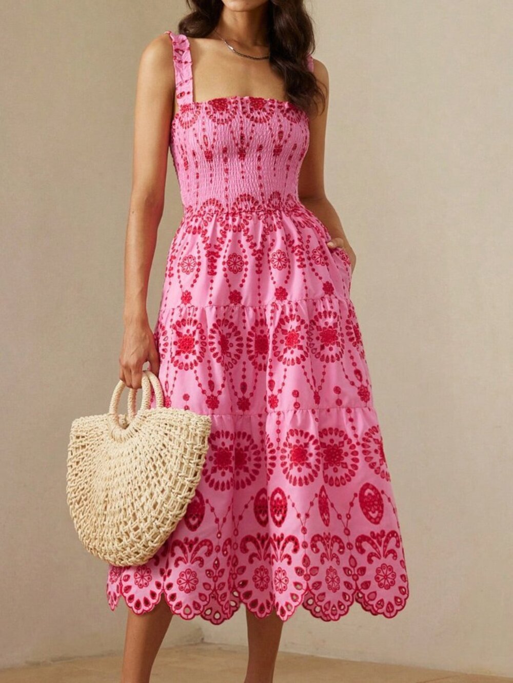 Pink Boho Elegant Women's Hollow-Out Embroidered Sleeveless Maxi Dress - Picture 5 of 7
